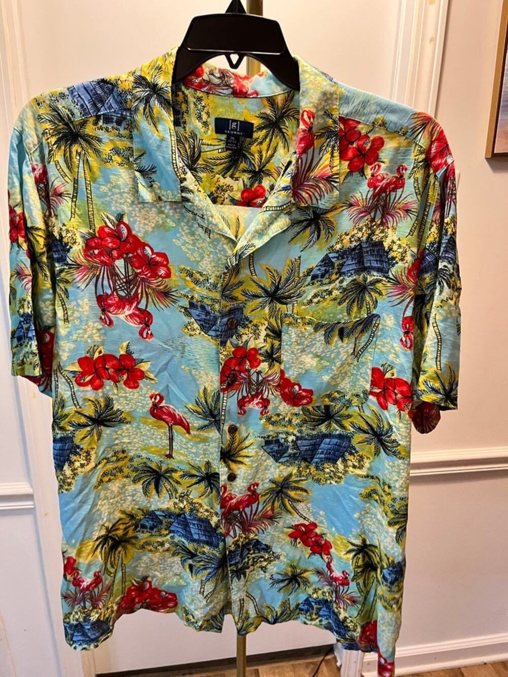 Vibrant Flamingo & Tiki Hut Hawaiian 2XL Shirt - Summer Vacation Essential -EUC!